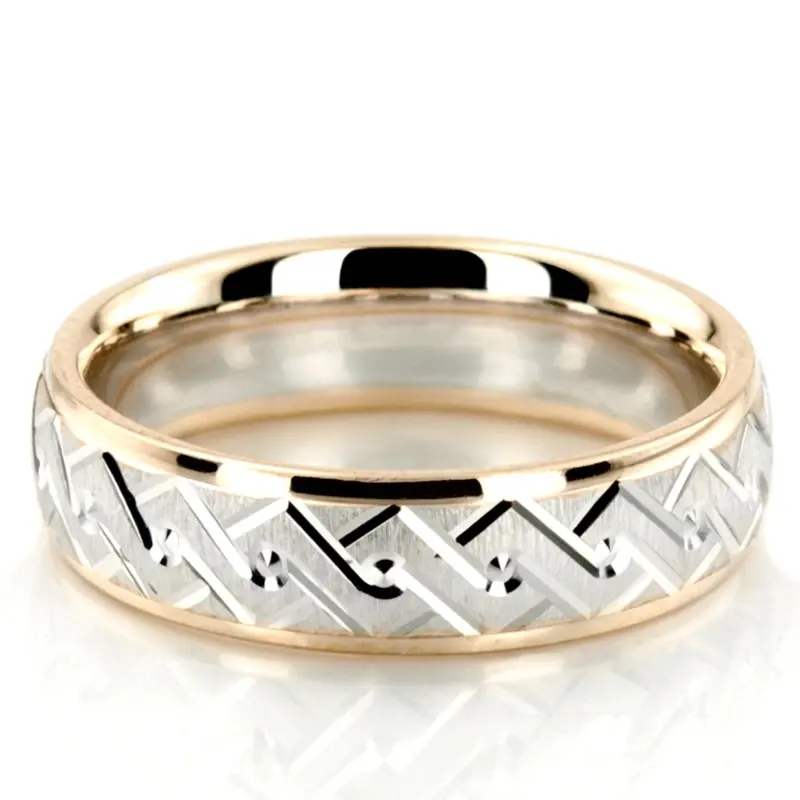 10K yellow-white-yellow gold 5mm. satin fancy-carved-diamond-cut-wedding-band - alternate view 2
