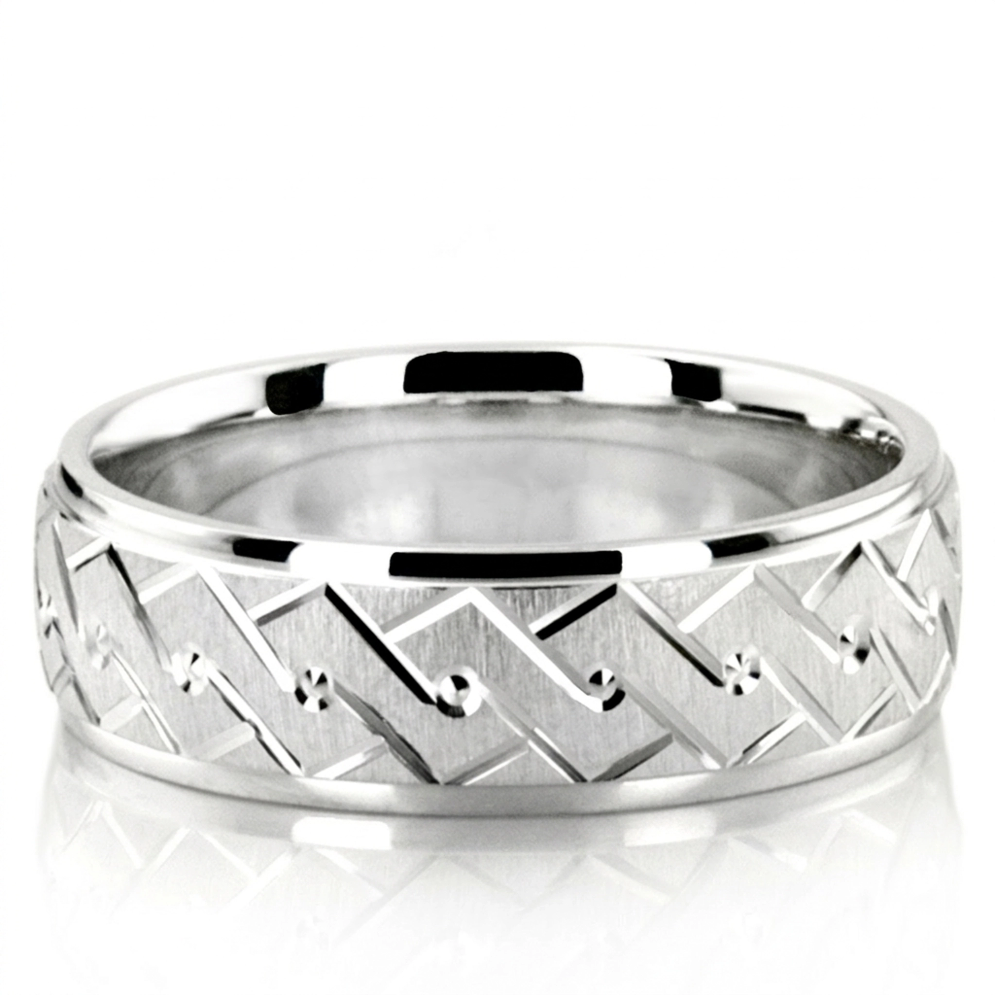 10K white gold 7mm. satin fancy-carved-diamond-cut-wedding-band - main view