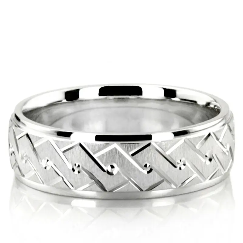10K white gold 7mm. satin fancy-carved-diamond-cut-wedding-band - main view