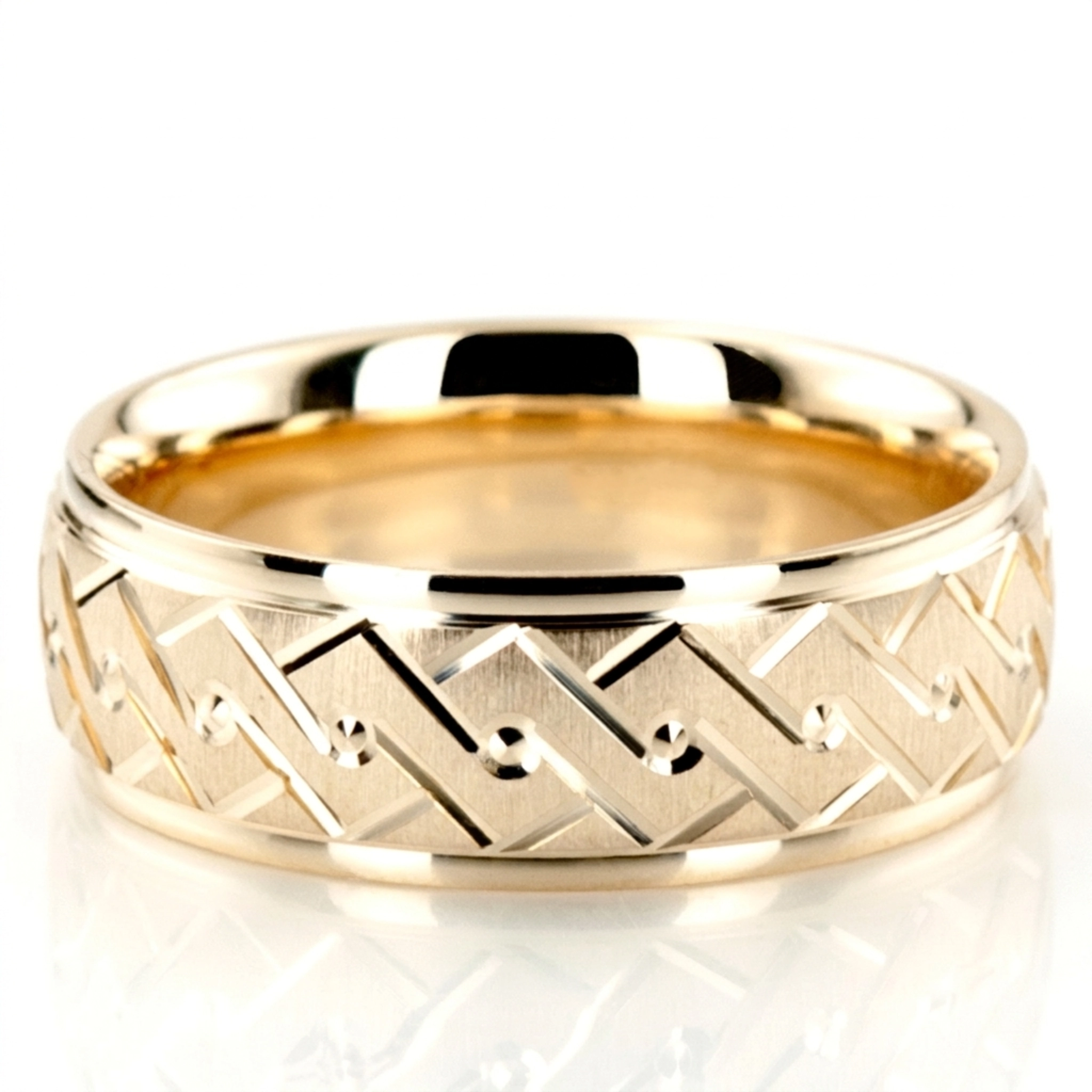 10K yellow gold 7mm. cross satin fancy-carved-diamond-cut-wedding-band - alternate view 5