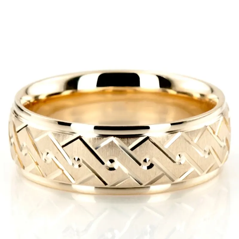 10K yellow gold 7mm. cross satin fancy-carved-diamond-cut-wedding-band - alternate view 5