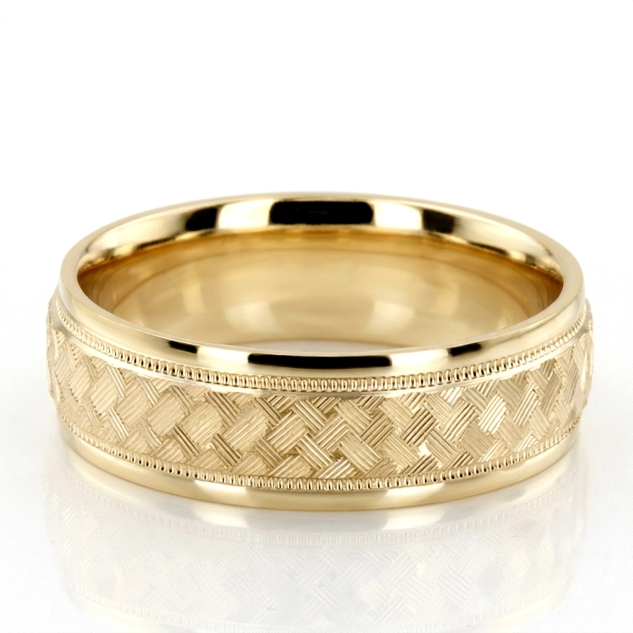 10K yellow gold 7mm. diamond cut fancy-carved-diamond-cut-wedding-ring - alternate view 3