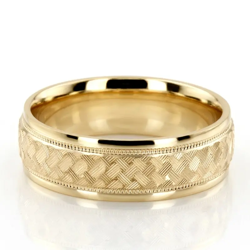 14K yellow gold 7mm. diamond cut fancy-carved-diamond-cut-wedding-ring - alternate view 2
