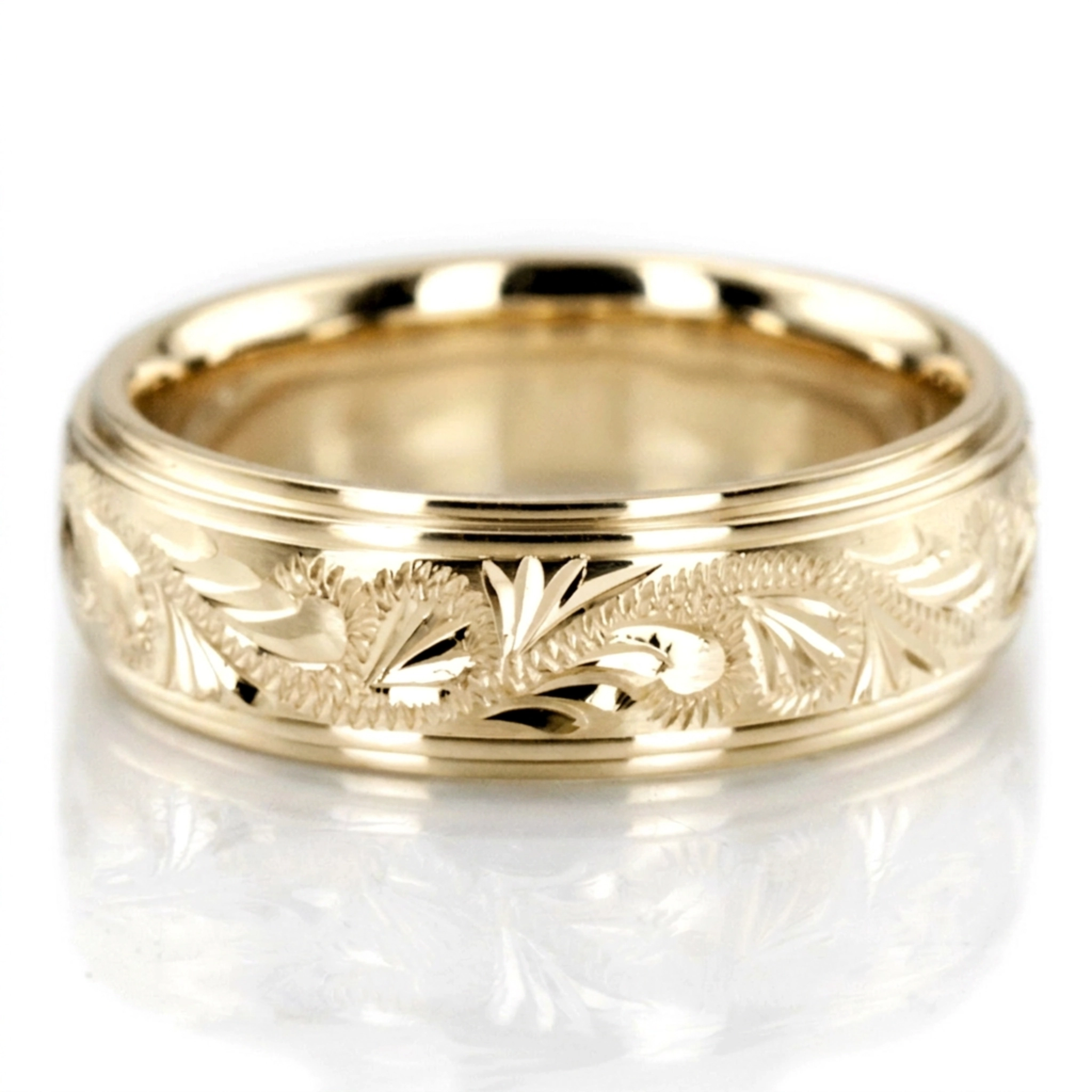 10K yellow gold 6mm. satin fancy-carved-diamond-cut-wedding-band - alternate view 2