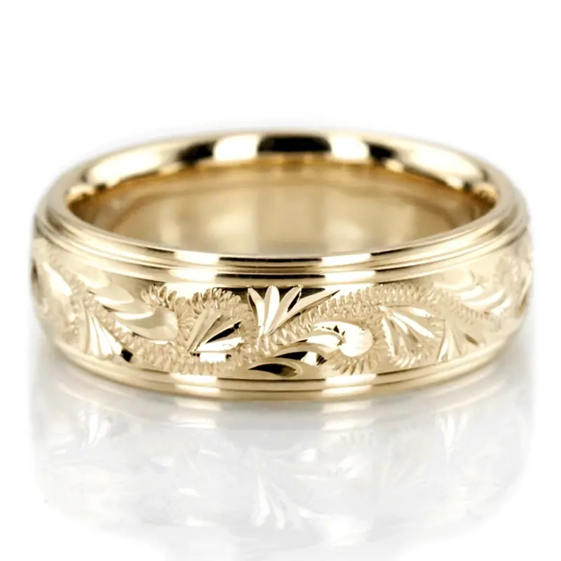 14K yellow gold 6mm. satin fancy-carved-diamond-cut-wedding-band - alternate view 2