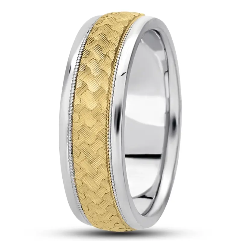 14K white-yellow-white gold 7mm. diamond cut fancy-carved-diamond-cut-wedding-ring - alternate view 6