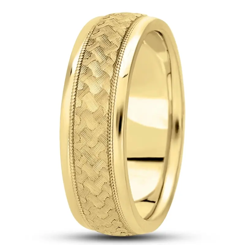 14K yellow gold 7mm. diamond cut fancy-carved-diamond-cut-wedding-ring - alternate view 3