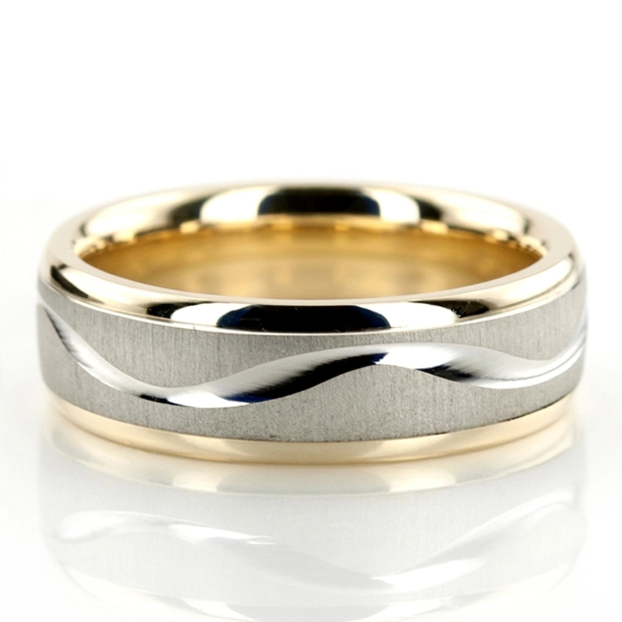 10K yellow-white-yellow gold 6.5mm cross satin two-tone-wedding-band - main view