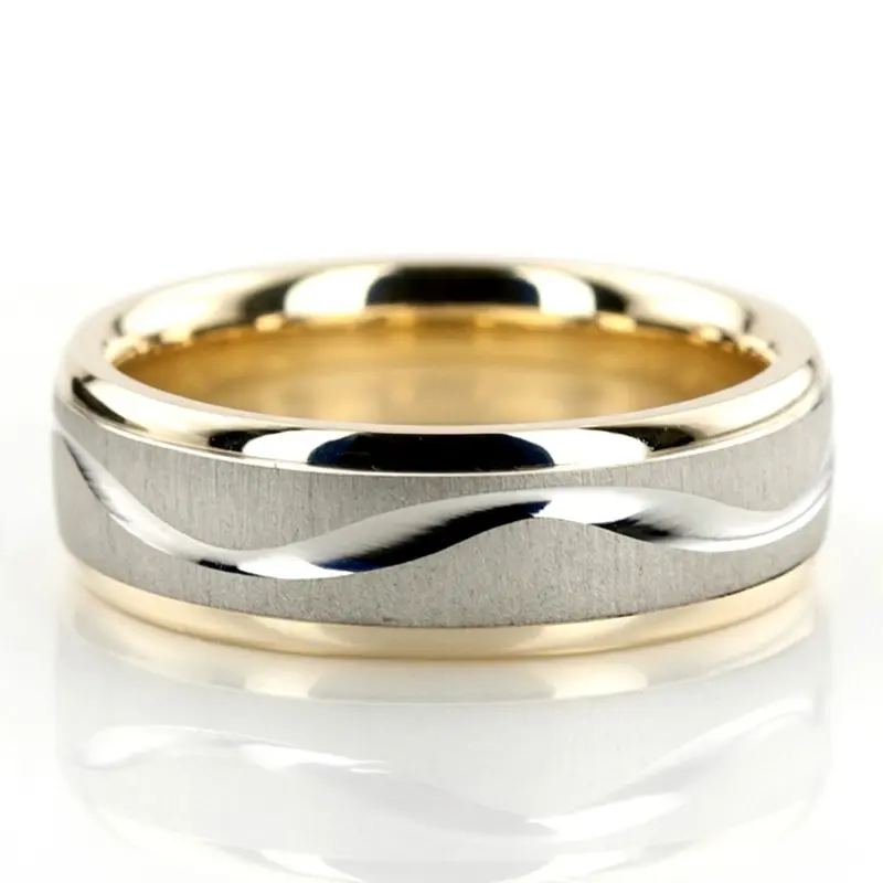 14K yellow-white-yellow gold 6.5mm cross satin two-tone-wedding-band - main view