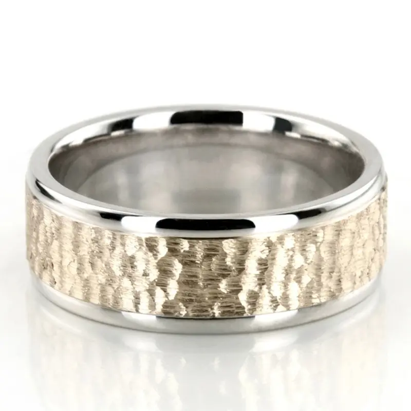 10K white-yellow-white gold 7.5mm. hammer two-tone-wedding-bands - main view