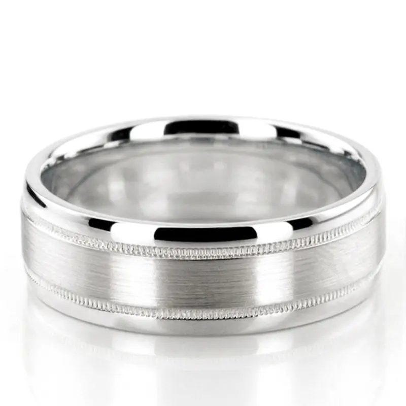 10K white gold 8mm. satin basic-carved-simple-wedding-bands - main view
