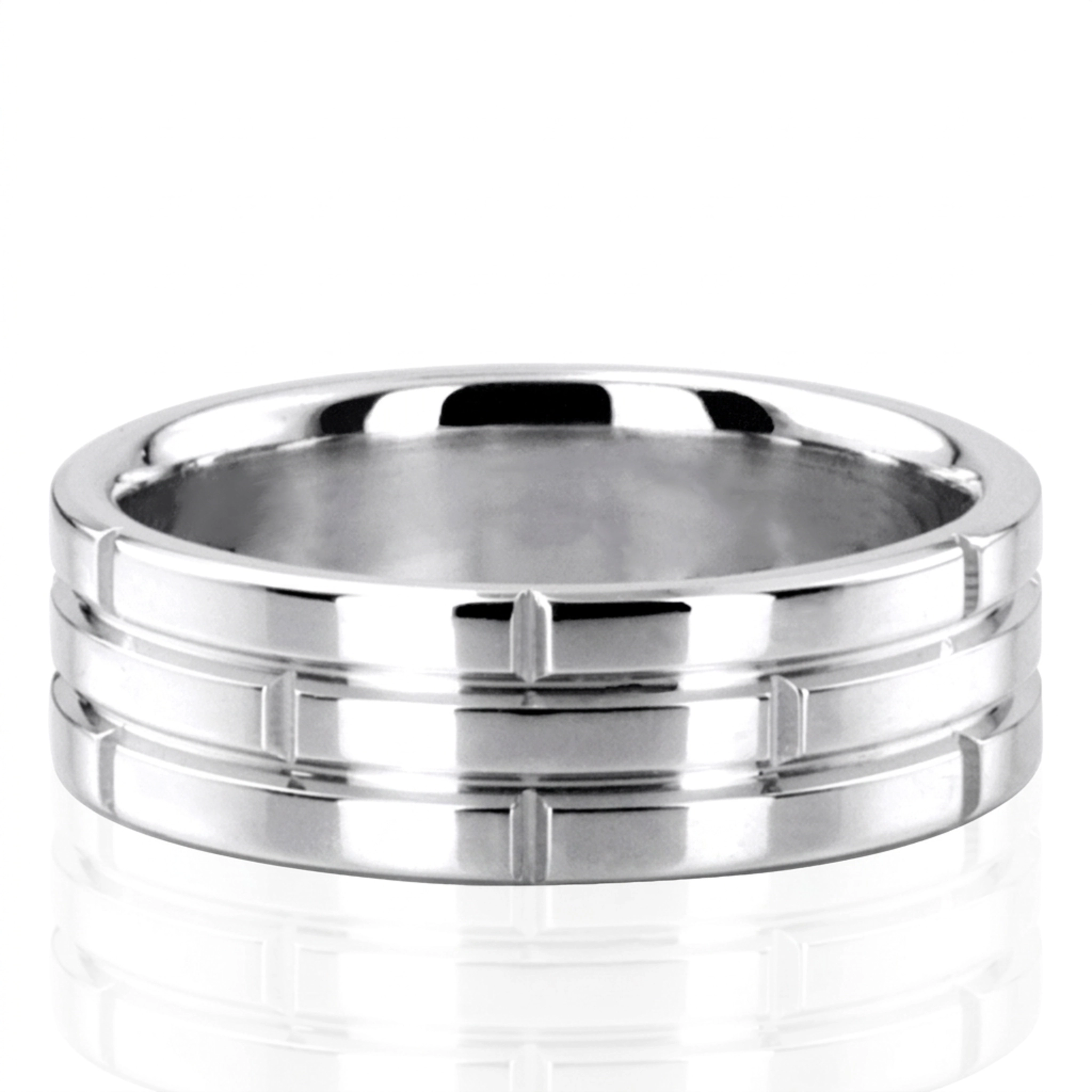 14K white gold 7mm. high polish Rolex-Motif-Carved-Wedding-Ring - main view