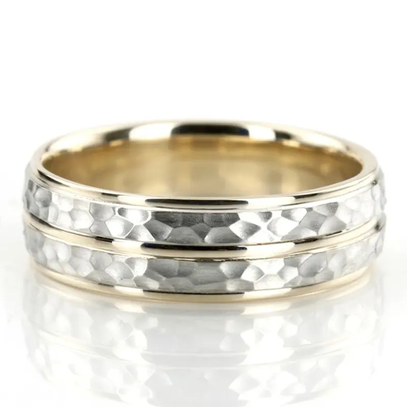 14K y-w-y-w-y gold 7mm. hammer basic-diamond-carved-wedding-ring - main view