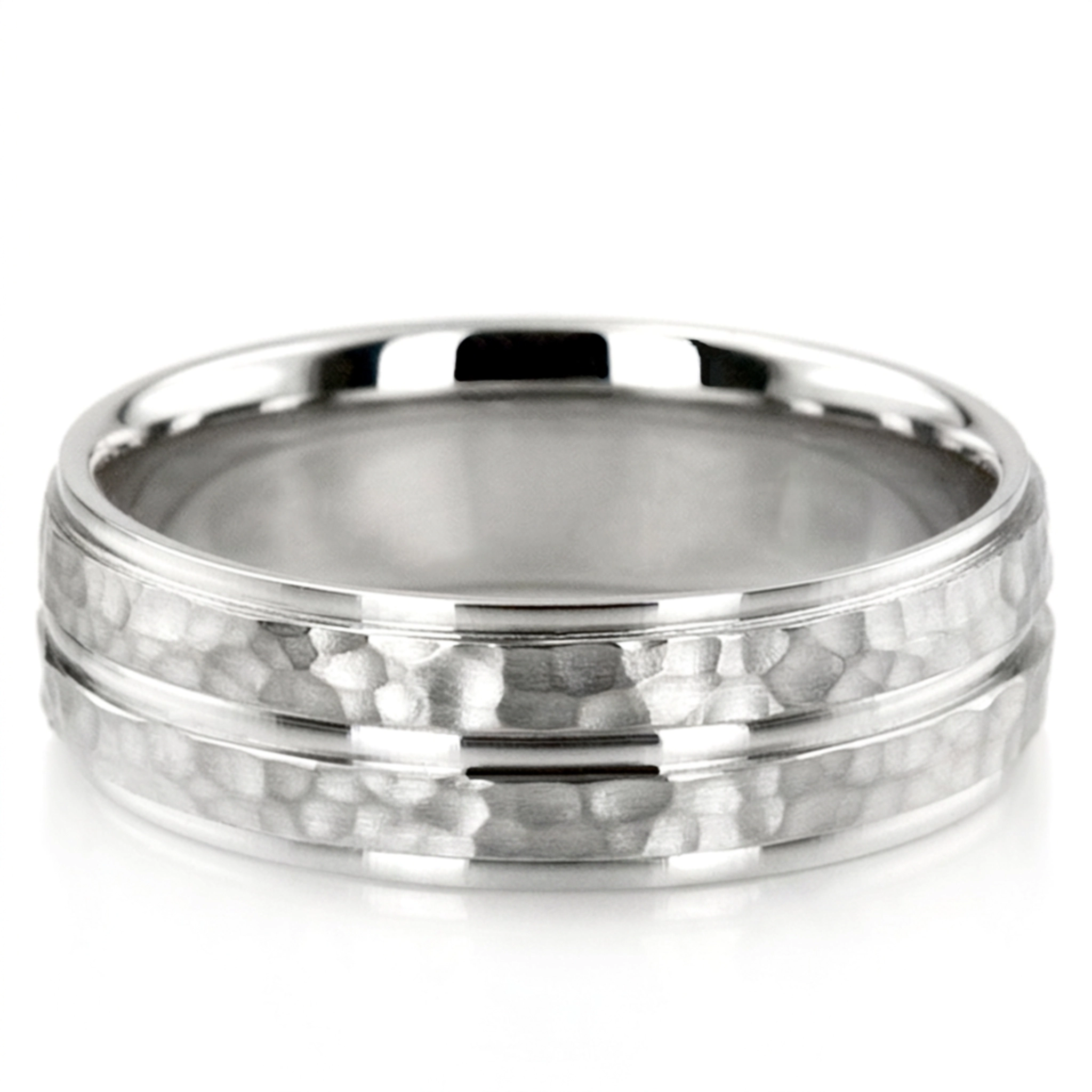 10K white gold 7mm. hammer basic-diamond-carved-wedding-ring - main view