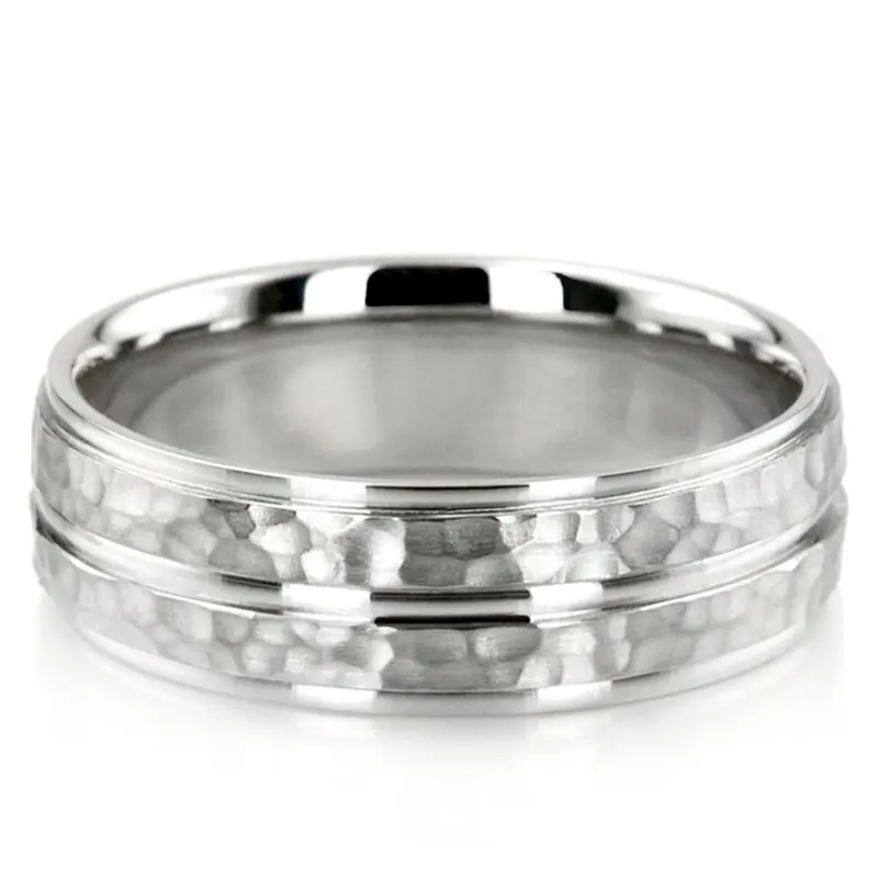 14K white gold 7mm. hammer basic-diamond-carved-wedding-ring - alternate view 2