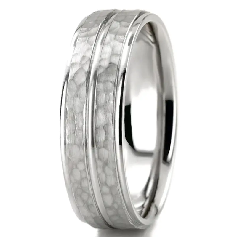 14K white gold 7mm. hammer basic-diamond-carved-wedding-ring - alternate view 5