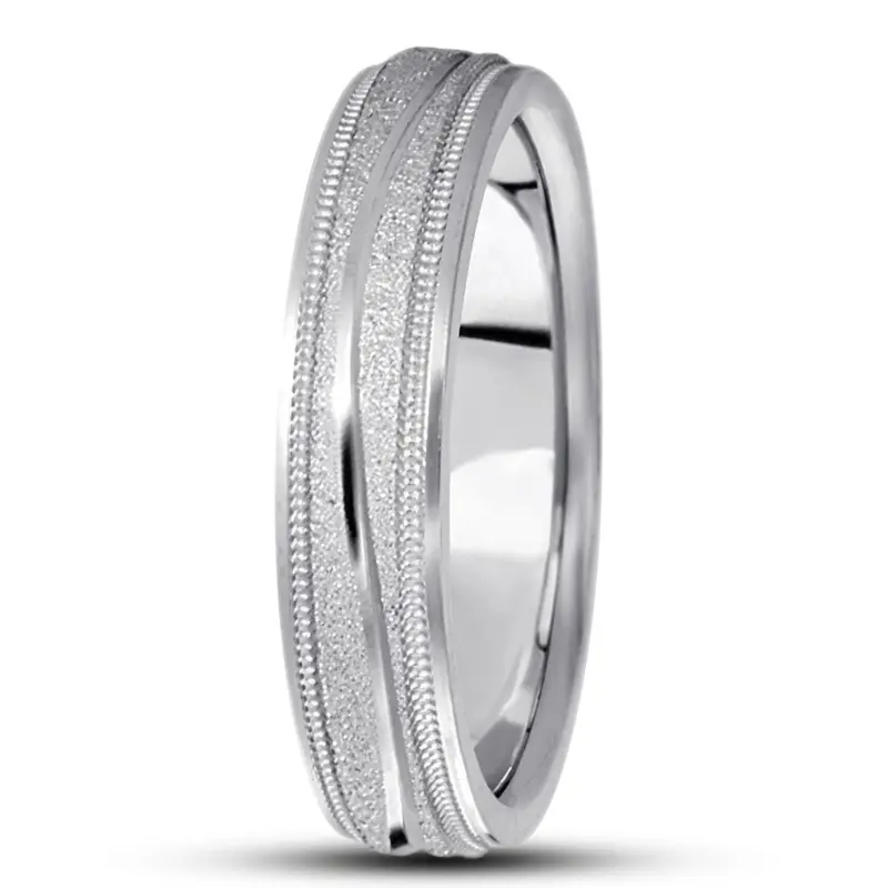 10K white gold 5mm. stone finish diamond-carved-wedding-ring - alternate view 5
