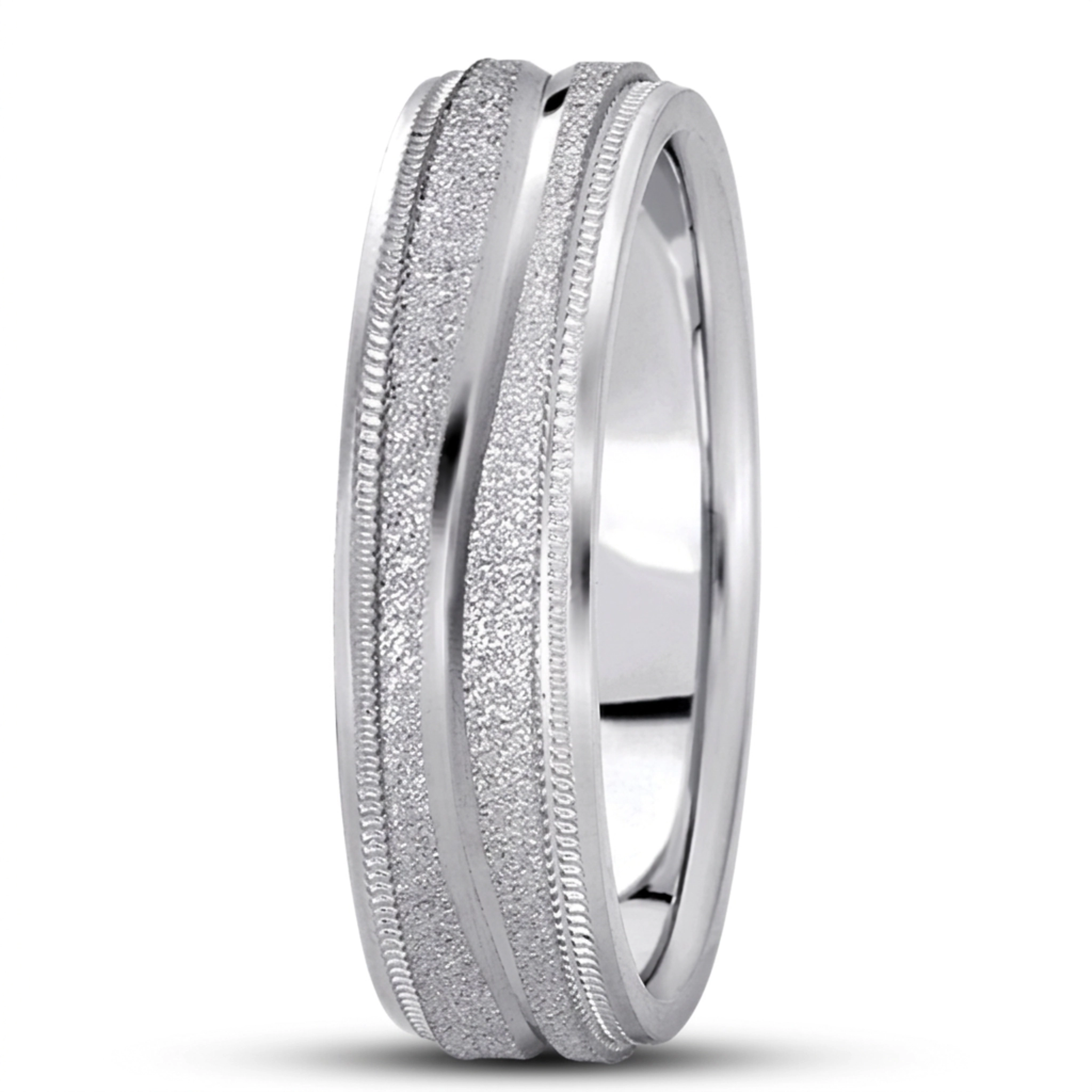 18K white gold 6mm. stone finish diamond-carved-wedding-ring - alternate view 4