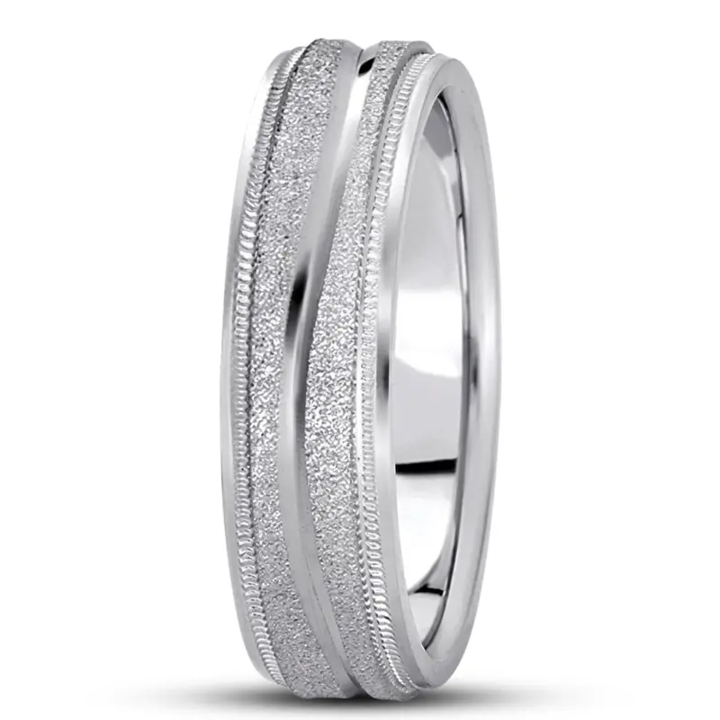 10K white gold 6mm. stone finish diamond-carved-wedding-ring - alternate view 4