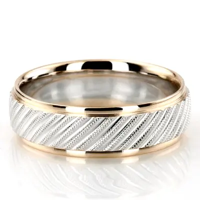 Custom Angled Cut Carved Design Wedding Band 