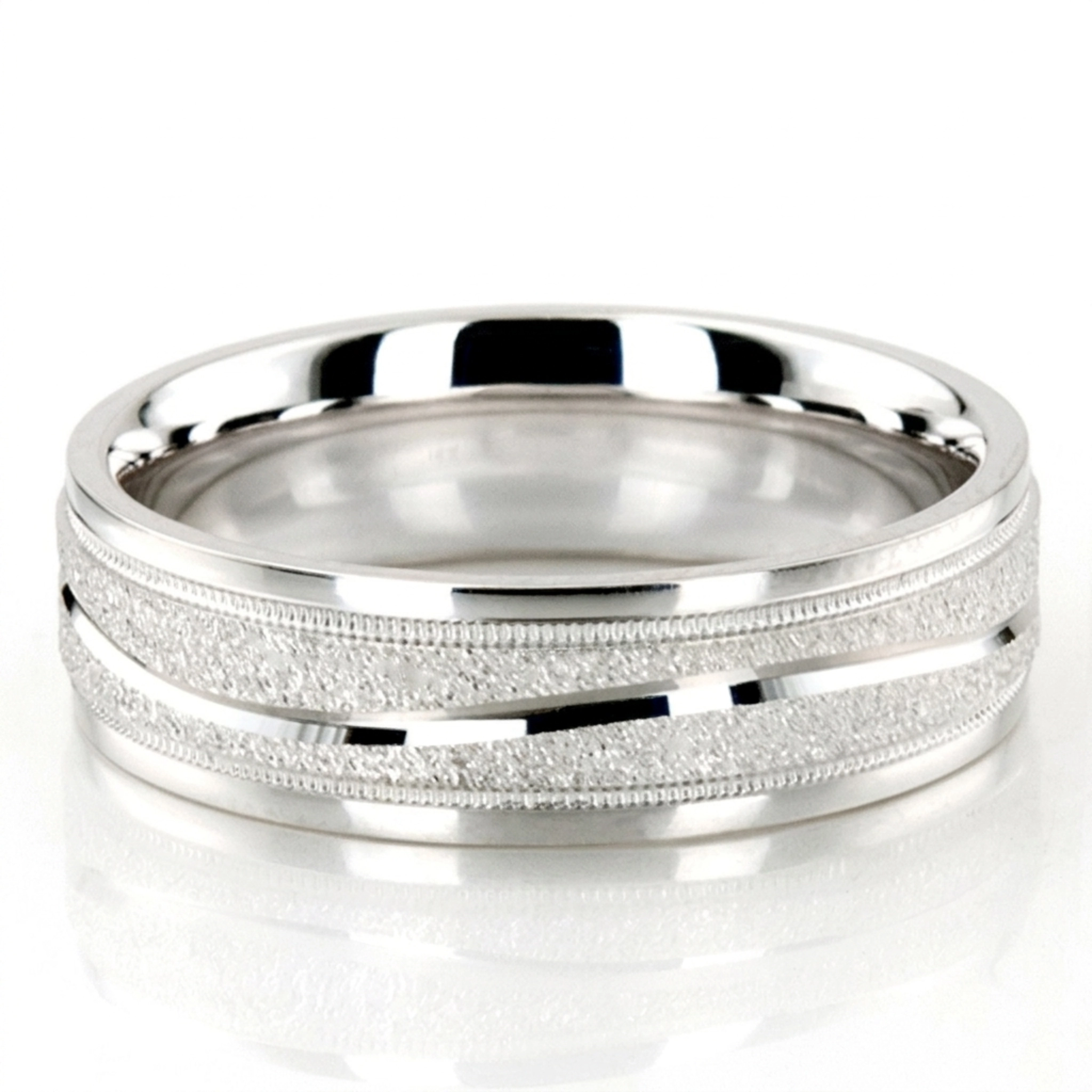 18K white gold 7mm. stone finish diamond-carved-wedding-ring - main view