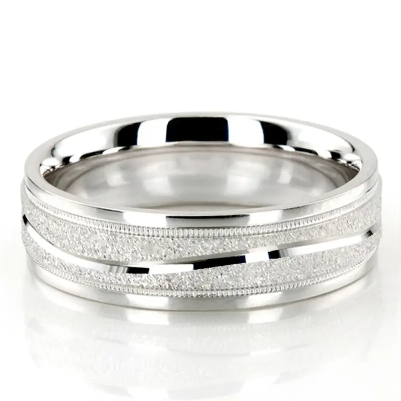 10K white gold 7mm. stone finish diamond-carved-wedding-ring - main view