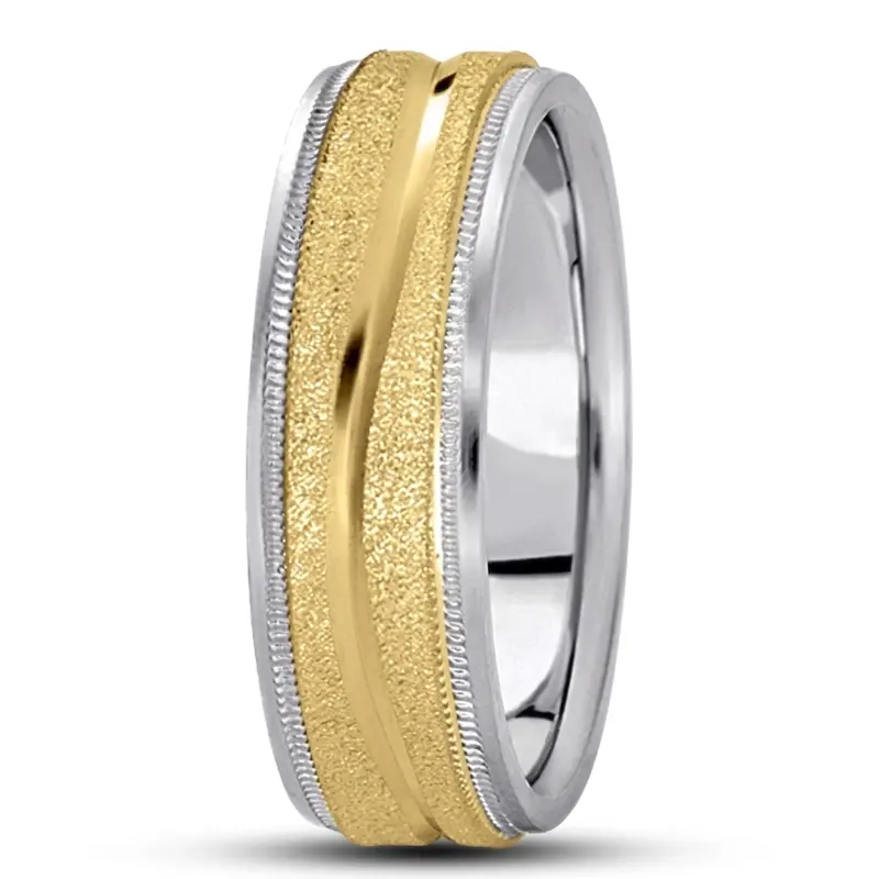 10K white-yellow-white gold 7mm. stone finish diamond-carved-wedding-ring - alternate view 6