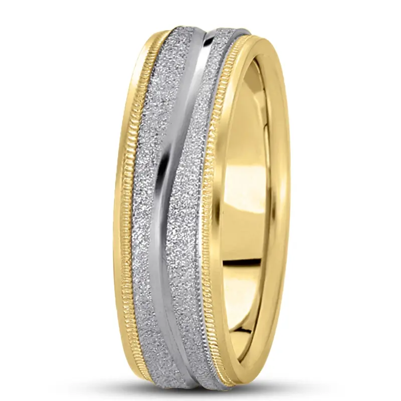 10K yellow-white-yellow gold 7mm. stone finish diamond-carved-wedding-ring - alternate view 7