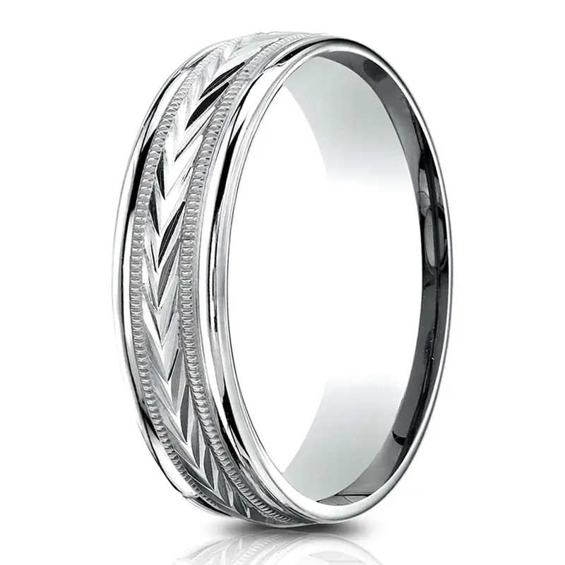 14K white gold 6.5mm diamond cut Light-Comfort-Harvest-of-Love-Round-Edge-Carved-De - main view