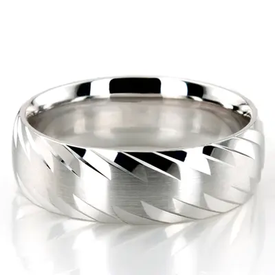 10K white gold 7mm. satin Grooved-Designer-Wedding-Ring - main view thumbnail