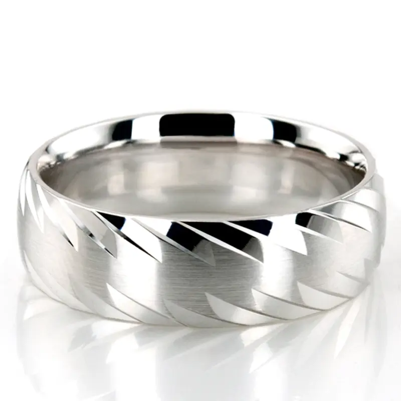 10K white gold 7mm. satin Grooved-Designer-Wedding-Ring - main view