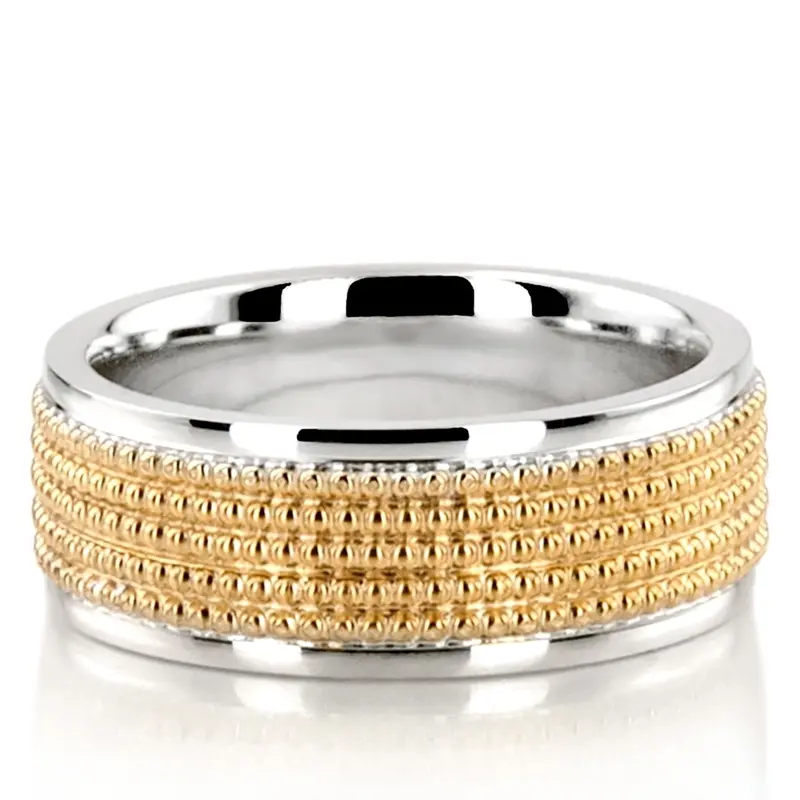 10K white-yellow-white gold 7mm. high polish Beaded-Design-Modern-Wedding-Band - alternate view 3