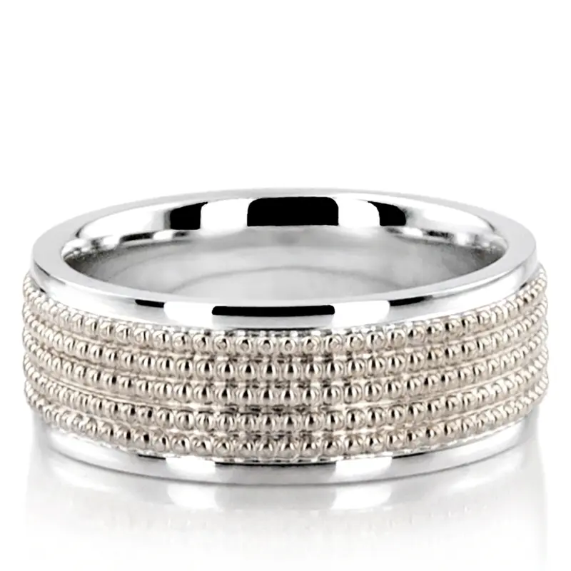 10K white gold 7mm. high polish Beaded-Design-Modern-Wedding-Band - main view