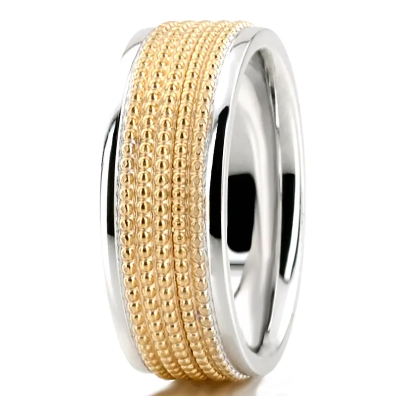 10K white-yellow-white gold 7mm. high polish Beaded-Design-Modern-Wedding-Band - alternate view 8