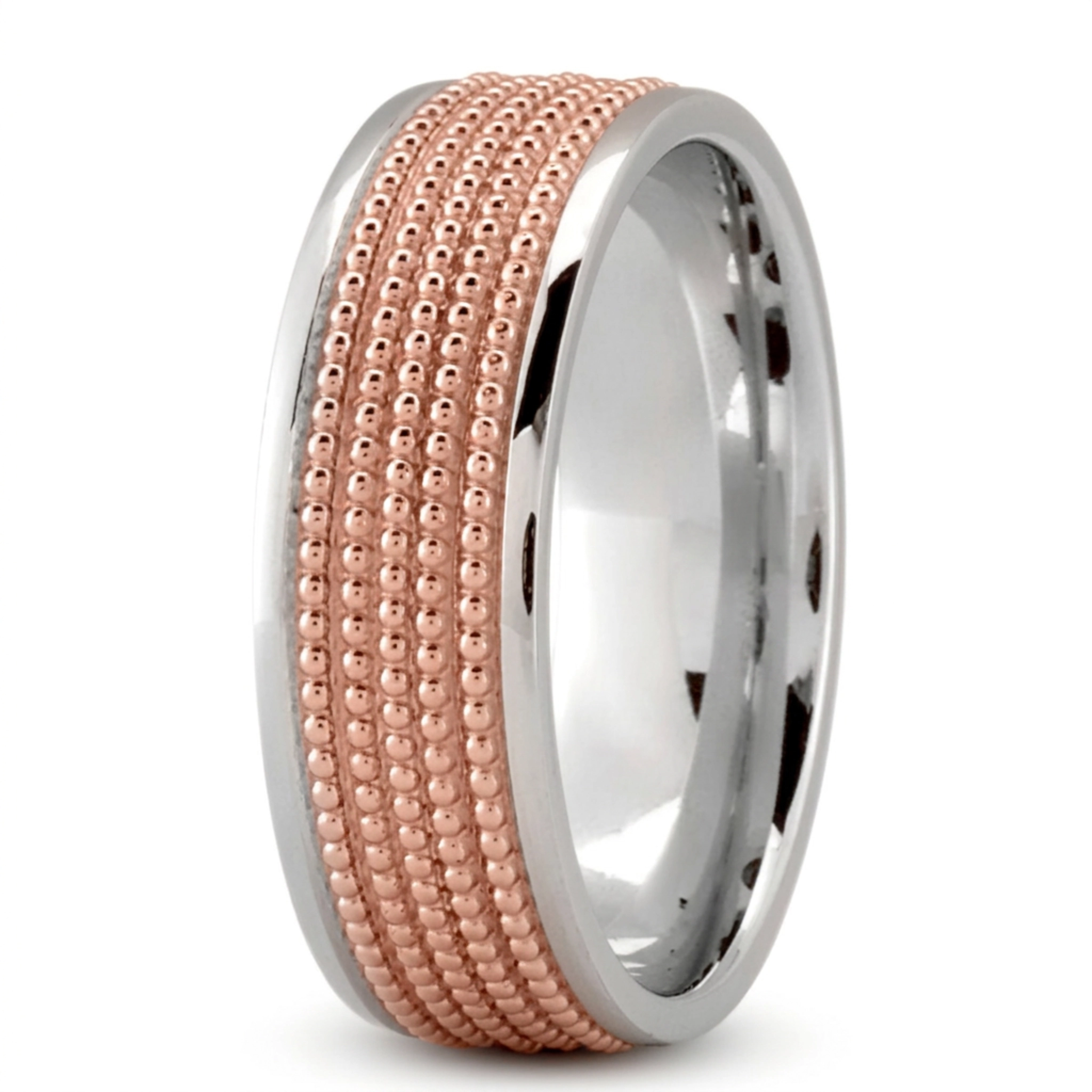 10K white-pink-white gold 7mm. high polish Beaded-Design-Modern-Wedding-Band - alternate view 9