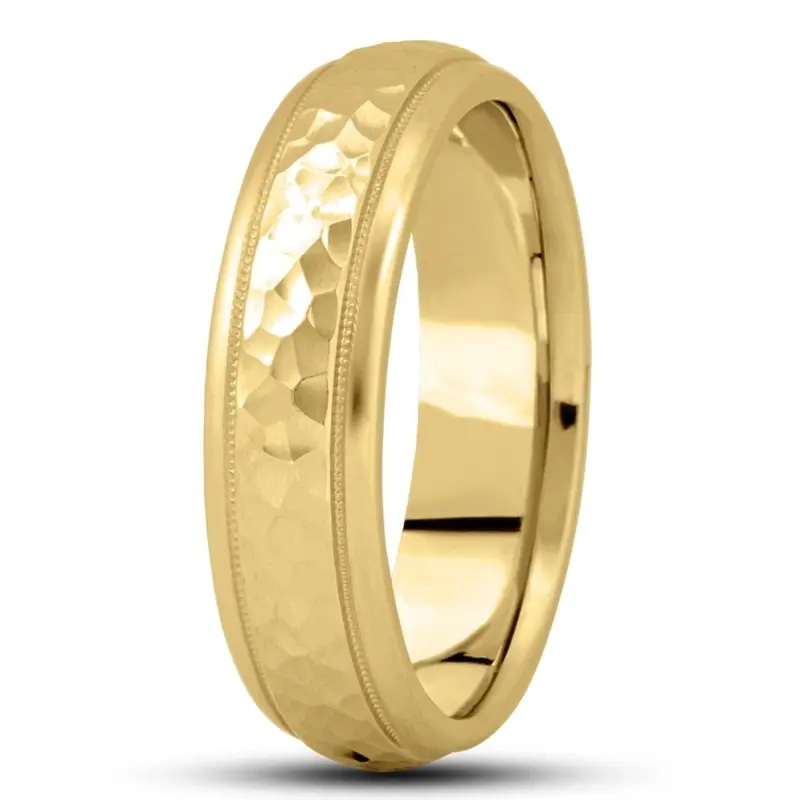 10K yellow gold 6.5mm hammer basic-diamond-carved-wedding-band - alternate view 2