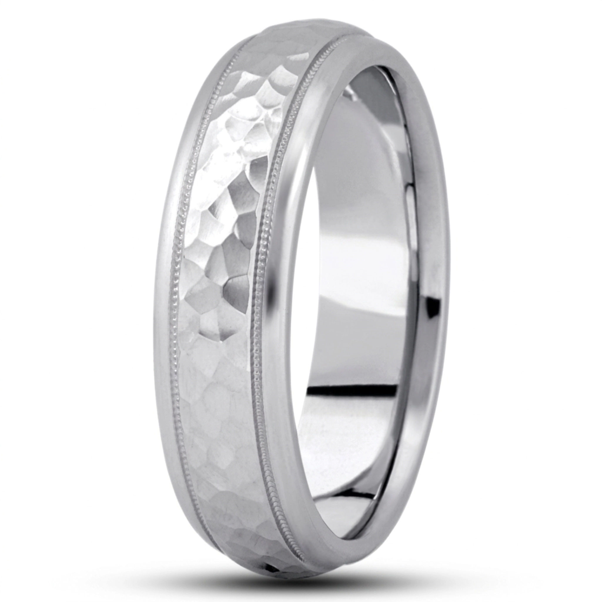 10K white gold 6.5mm hammer basic-diamond-carved-wedding-band - main view