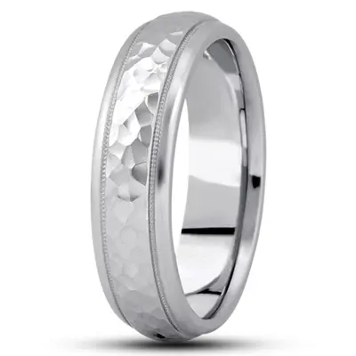 10K white gold 6.5mm hammer basic-diamond-carved-wedding-band - main view thumbnail