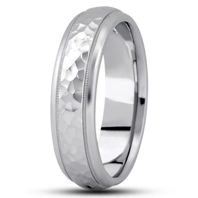 10K white gold 6.5mm hammer basic-diamond-carved-wedding-band - main view