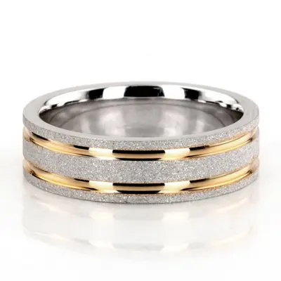 10K w-y-w-y-w gold 6mm. stone finish two-tone-wedding-ring - alternate view 2 thumbnail