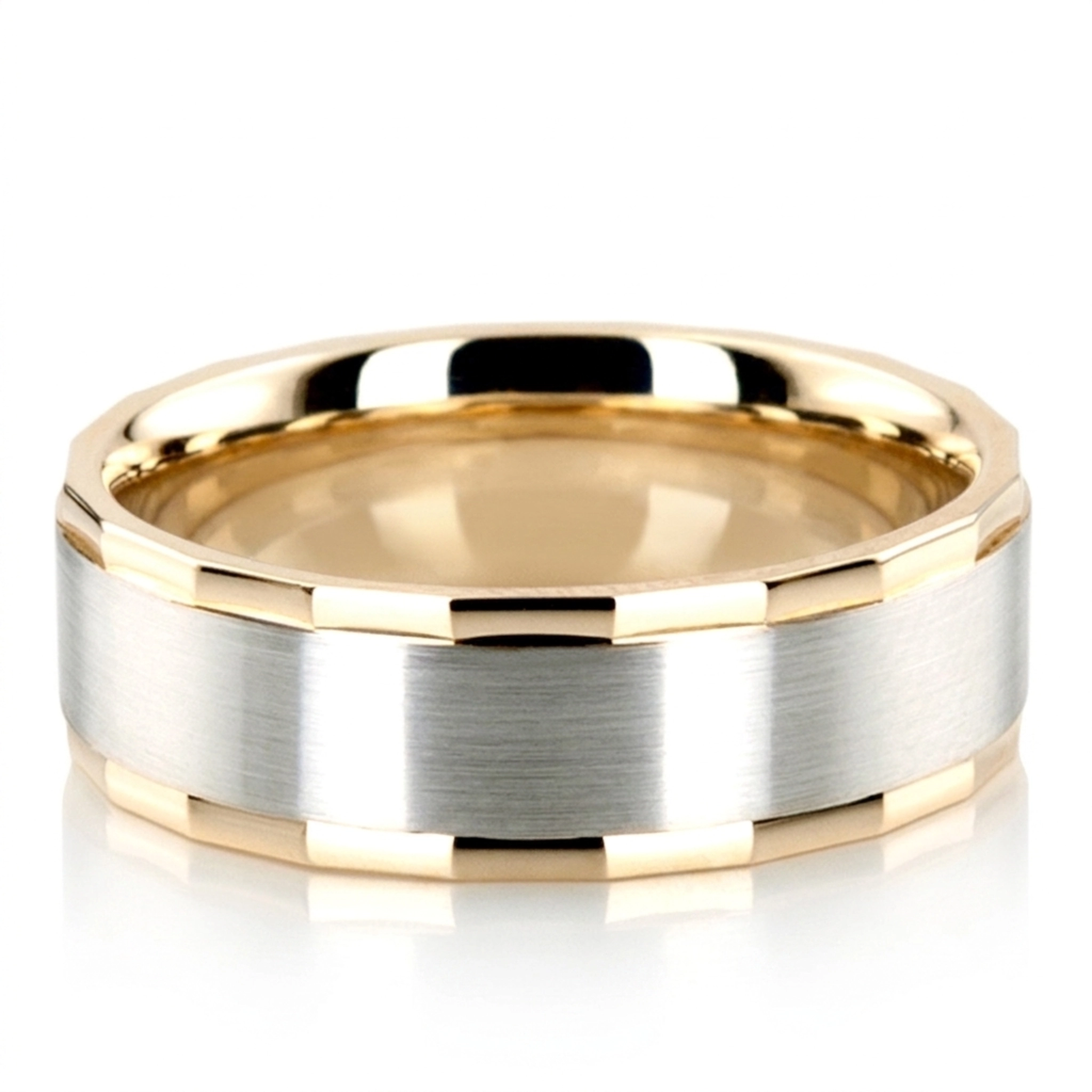 10K yellow-white-yellow gold 7mm. satin basic-diamond-carved-wedding-ring - alternate view 4