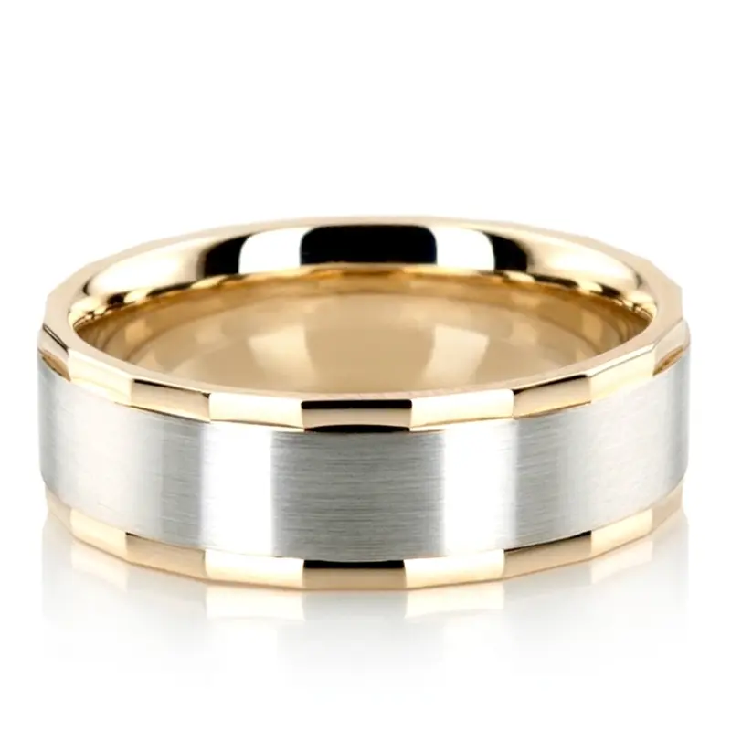 10K yellow-white-yellow gold 7mm. satin basic-diamond-carved-wedding-ring - alternate view 4