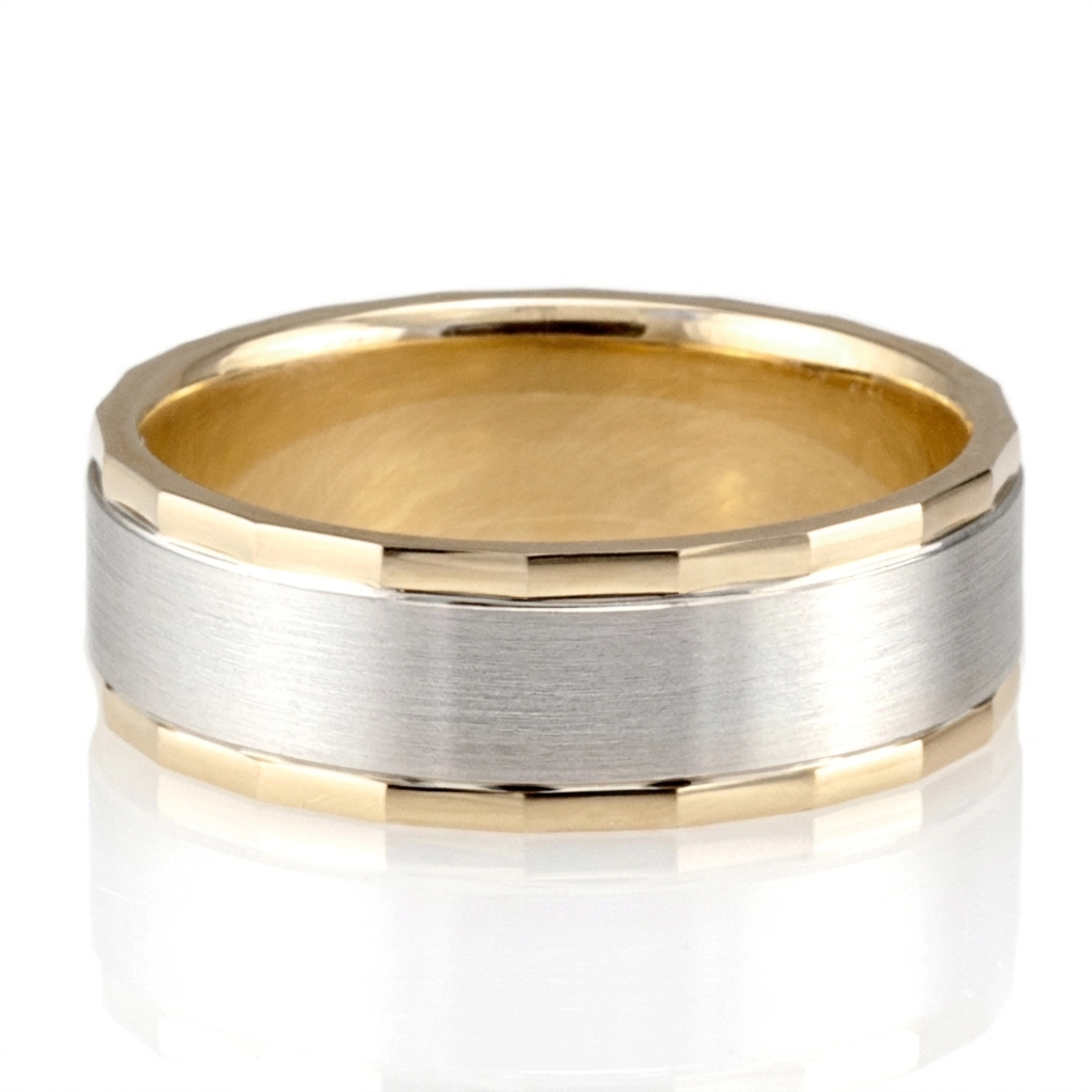 10K yellow-white-yellow gold 6mm. satin basic-diamond-carved-wedding-ring - alternate view 2