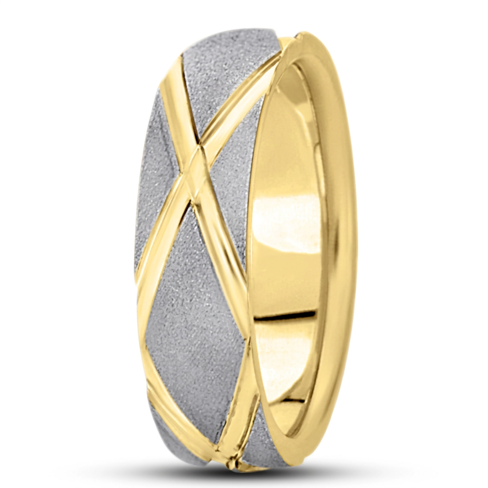 10K white-yellow-white gold 7mm. wire matte basic-diamond-carved-wedding-band - alternate view 3