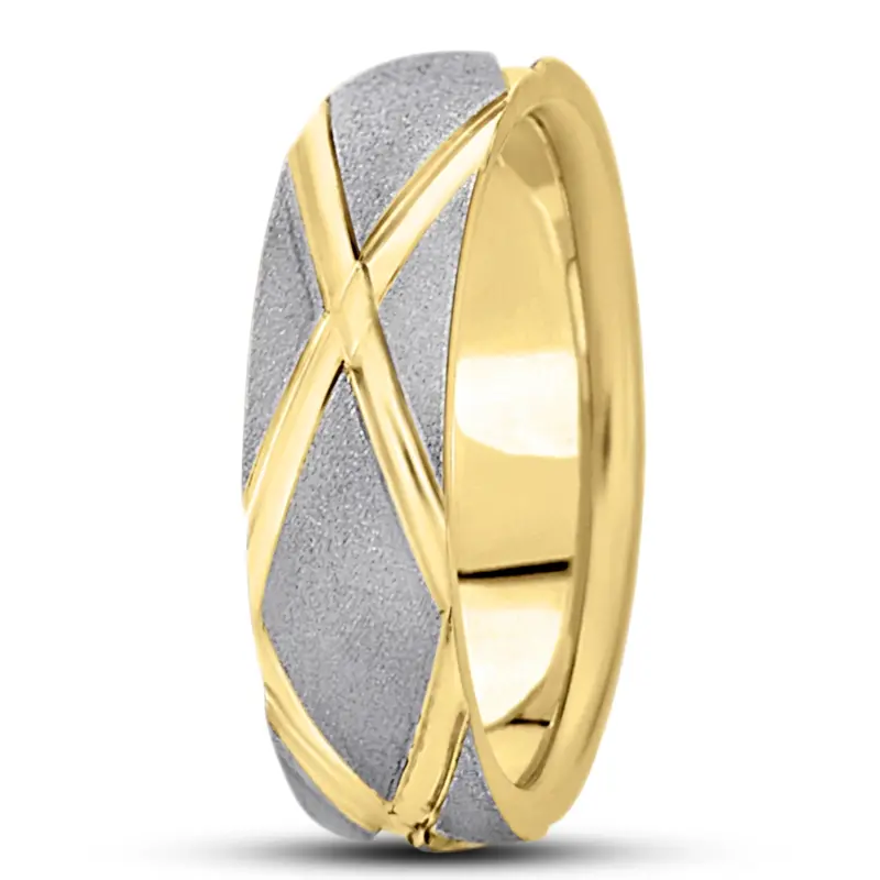 10K white-yellow-white gold 7mm. wire matte basic-diamond-carved-wedding-band - alternate view 3
