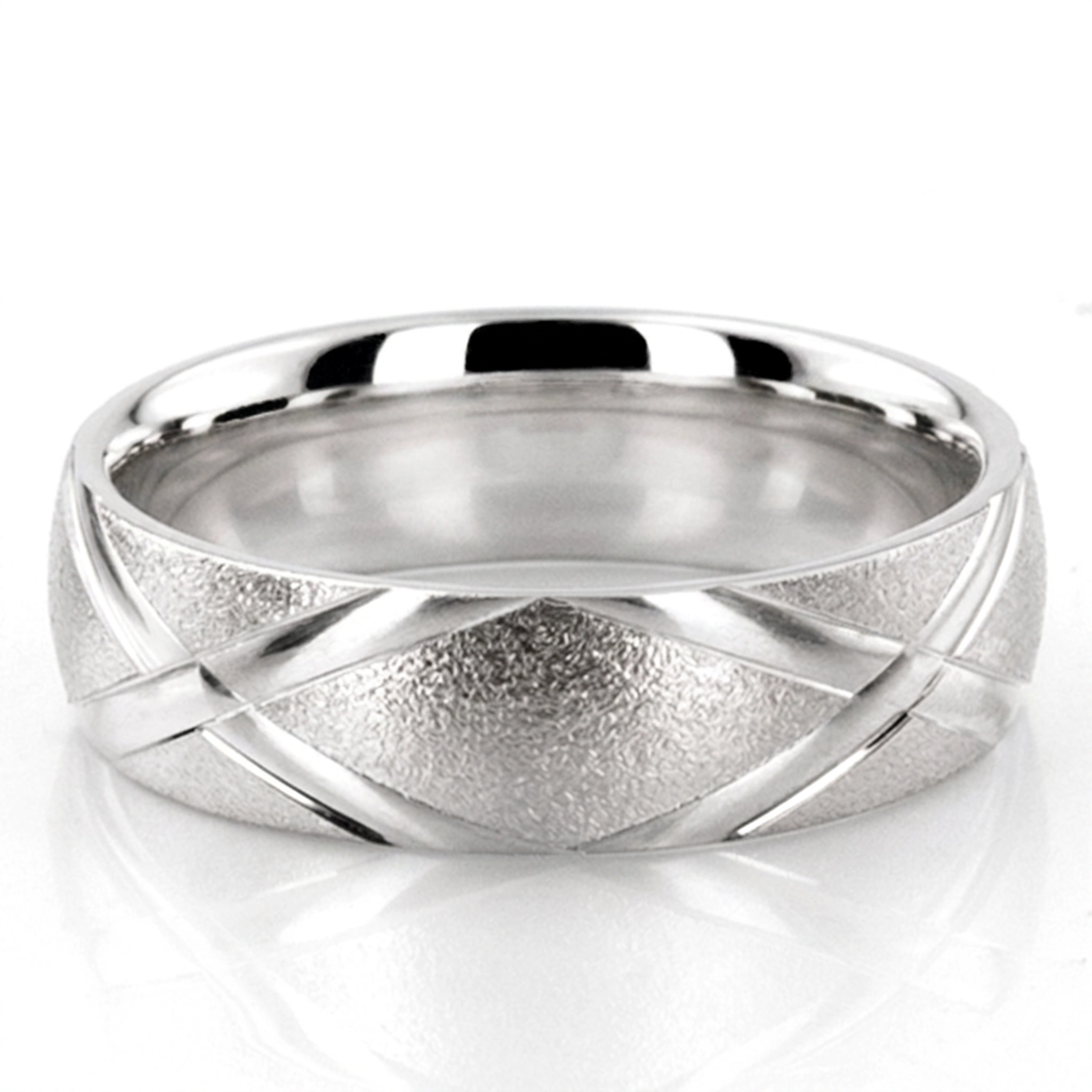 10K white gold 6mm. wire matte basic-diamond-carved-wedding-band - main view