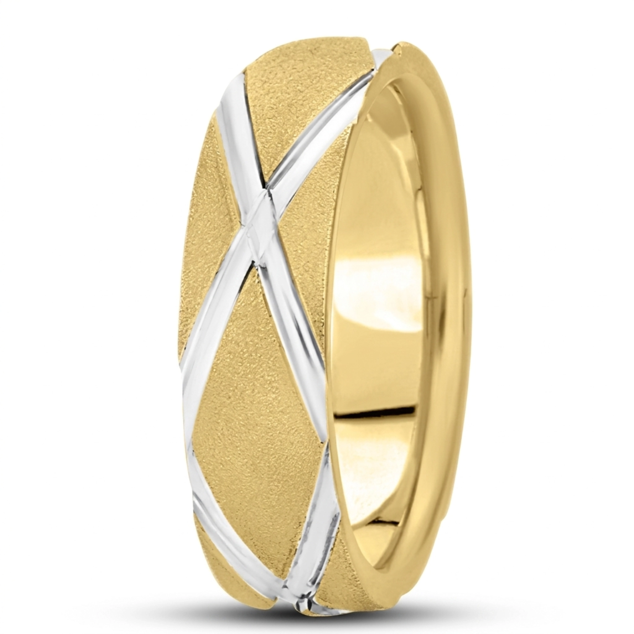 10K yellow-white-yellow gold 7mm. wire matte basic-diamond-carved-wedding-band - alternate view 4