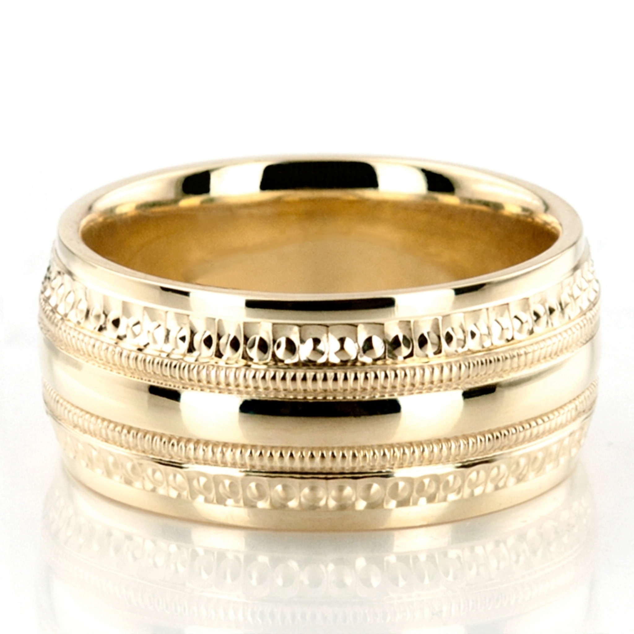 10K yellow gold 8mm. high polish basic-diamond-carved-wedding-ring - alternate view 2