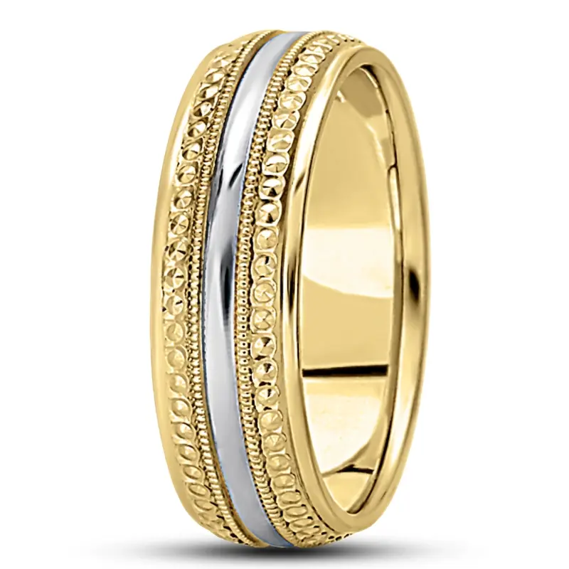 14K yellow-white-yellow gold 7mm. high polish basic-diamond-carved-wedding-ring - alternate view 6