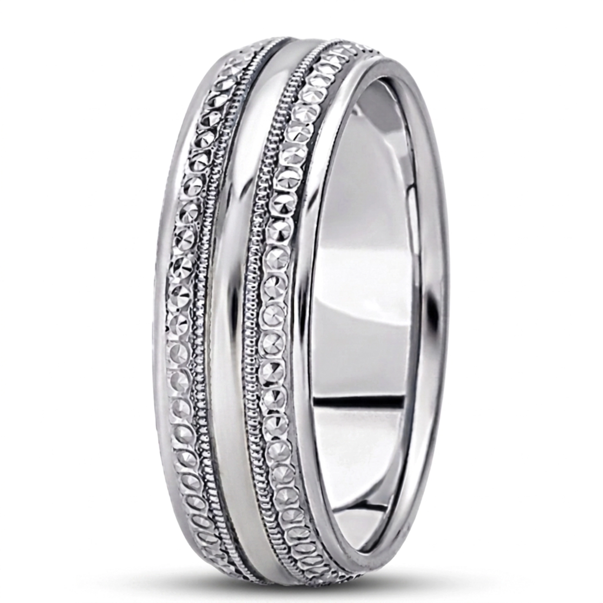 10K white gold 7mm. high polish basic-diamond-carved-wedding-ring - alternate view 3